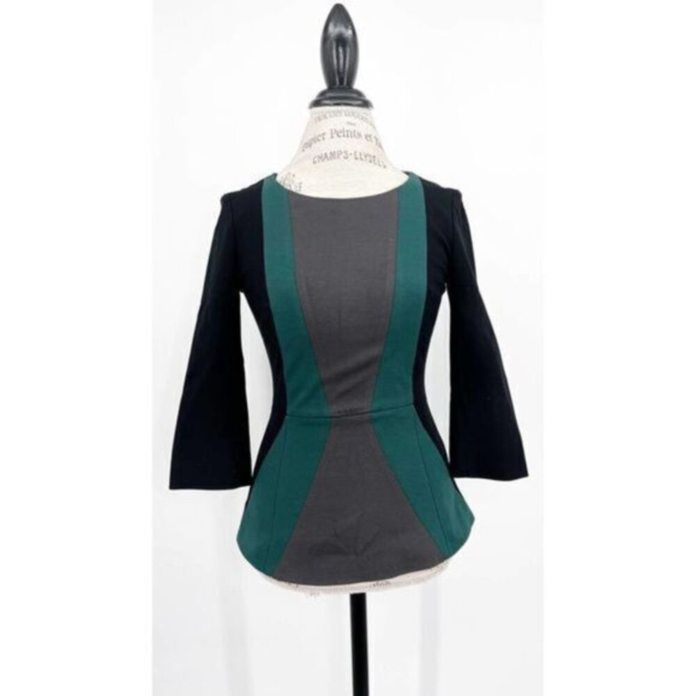 ADOLFO DOMINGUEZ Black Gray Green Colorblock Flutter Longsleeves Blouse EU 36
